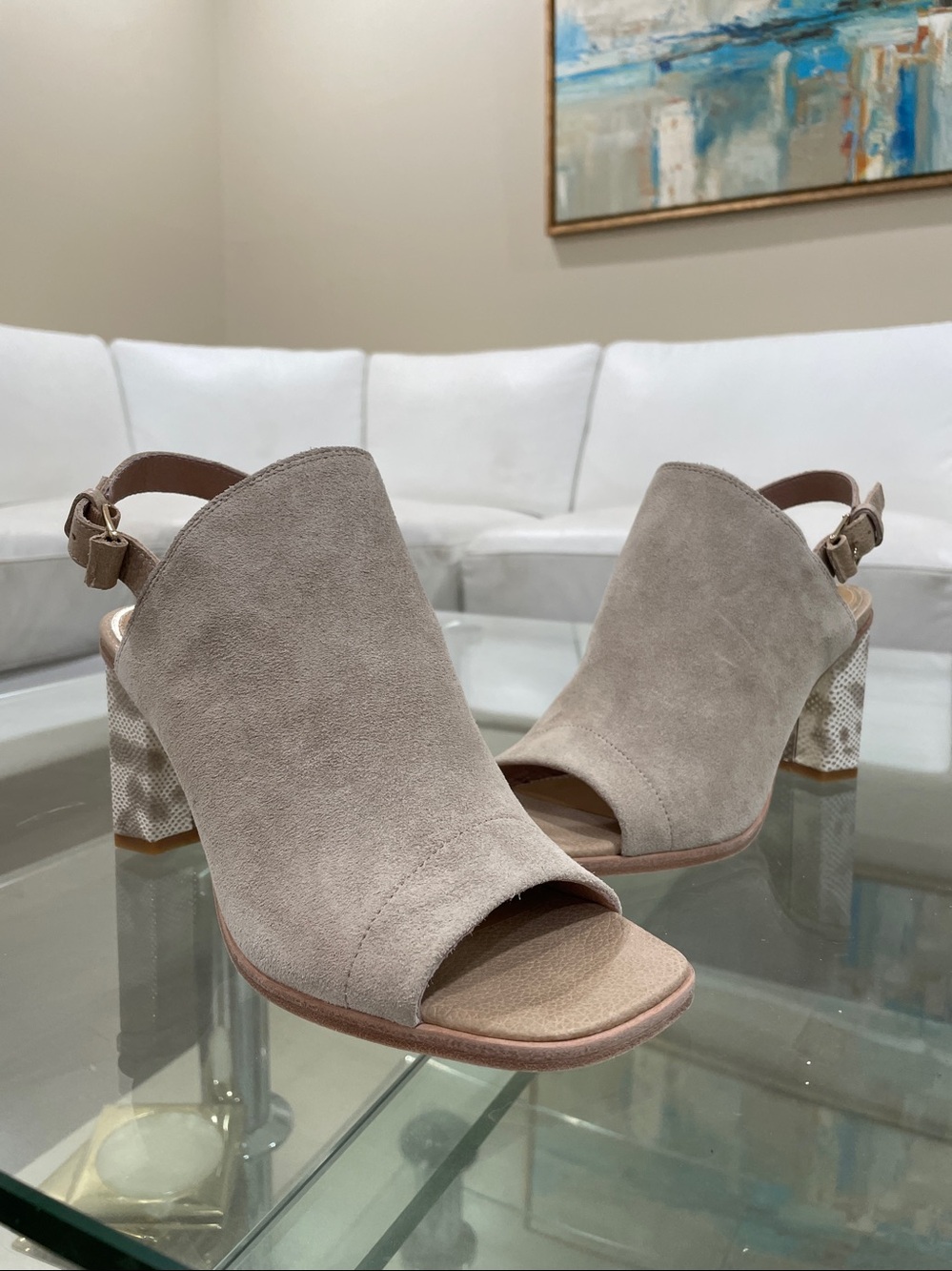 NIB Donald Pliner mushroom bone kid suede peep toe sling back heel mules sand 8